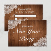 Rustiek Hout & Wit Kant Nieuwjaar Party RSVP Kaartje (Voorkant / Achterkant)