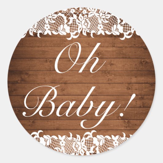 Rustiek Hout & Wit Kant OH BABY Ronde Sticker (Voorkant)