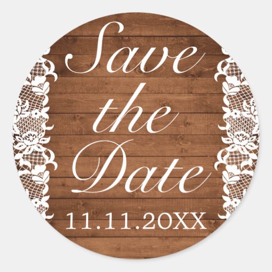 Rustiek Hout & Wit Kant Save the Date Bruiloft Ronde Sticker (Voorkant)