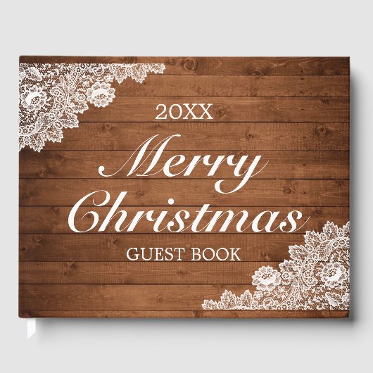 Rustiek hout & wit kant sneeuwvlok kerst gastenboek (Voorkant)