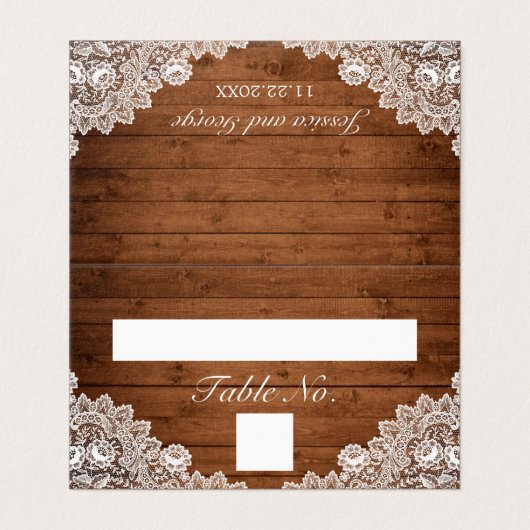 Rustiek Hout & Wit Kant Tafelnummer & Naam Kaart (Buitenkant ongevouwen)