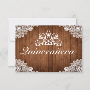 Rustiek Hout & Wit Kant Tiara Qinceanera RSVP Kaartje