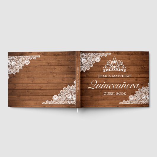 Rustiek hout & wit kant Tiara Quinceañera Gastenboek (Volledig)