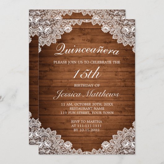 Rustiek hout & wit kant Tiara Quinceañera Kaart (Voorkant / Achterkant)