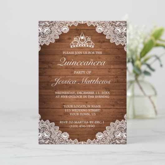 Rustiek hout & wit kant Tiara Quinceañera Kaart (Staand voorkant)