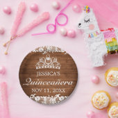 Rustiek hout & wit kant Tiara Quinceañera Papieren Bordje (Feest)