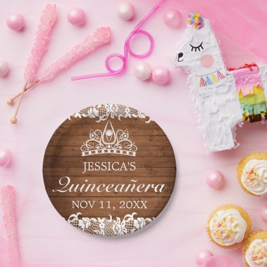 Rustiek hout & wit kant Tiara Quinceañera Papieren Bordje (Feest)