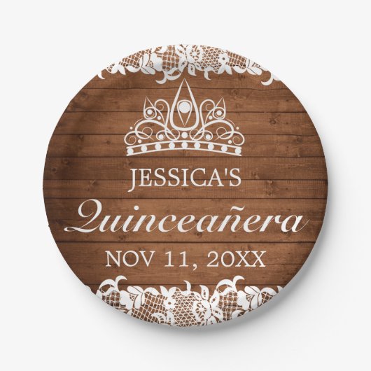Rustiek hout & wit kant Tiara Quinceañera Papieren Bordje (Voorkant)