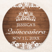Rustiek Hout & Wit Kant Tiara Quinceanera Ronde Kartonnen Onderzetter (Voorkant)