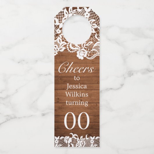 Rustiek hout & wit kant Tiara verjaardag Flessenhanger (Voorkant)