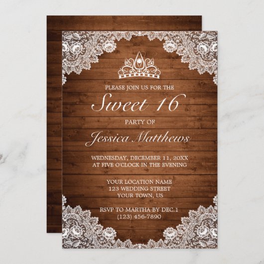 Rustiek hout & wit kant Tiara zoet 16 Kaart (Voorkant / Achterkant)