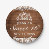 Rustiek hout & wit kant Tiara zoet 16 Papieren Bordje (Voorkant)