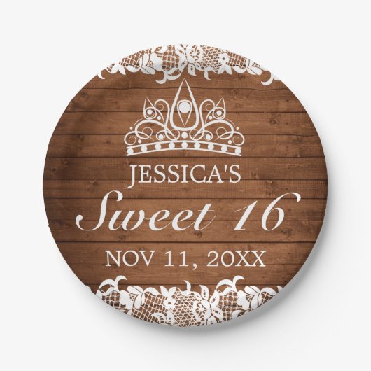 Rustiek hout & wit kant Tiara zoet 16 Papieren Bordje (Voorkant)