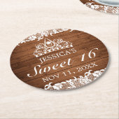 Rustiek hout & wit kant Tiara zoet 16 Ronde Kartonnen Onderzetter (Gebogen)