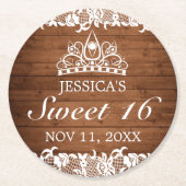 Rustiek hout & wit kant Tiara zoet 16 Ronde Kartonnen Onderzetter (Voorkant)