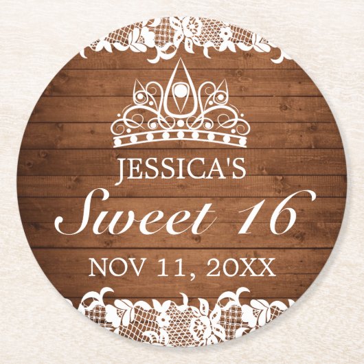 Rustiek hout & wit kant Tiara zoet 16 Ronde Kartonnen Onderzetter (Voorkant)