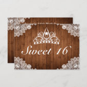 Rustiek hout & wit kant Tiara zoet 16 RSVP Kaartje (Voorkant / Achterkant)