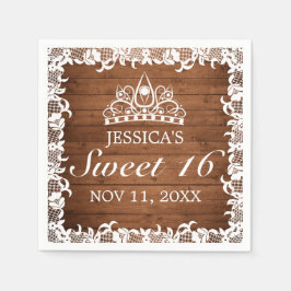 Rustiek hout & wit kant Tiara zoet 16 Servet