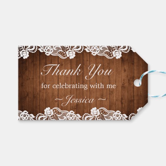 Rustiek hout & wit kant verjaardag dank u gunst cadeaulabel (Voorkant (Horizontaal))