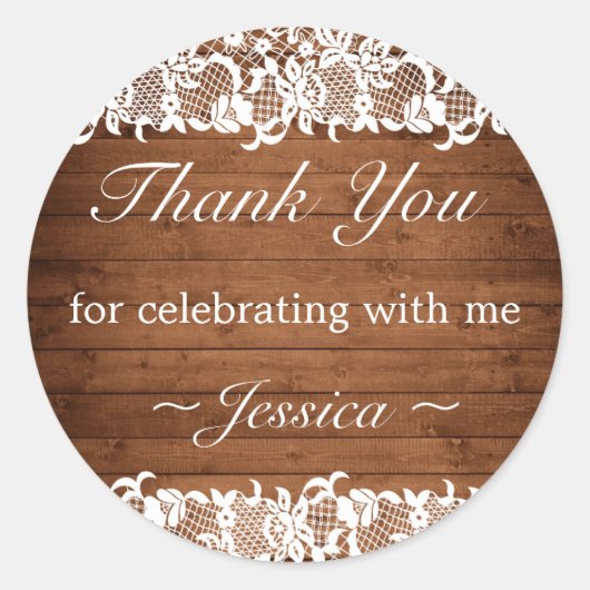 Rustiek hout & wit kant verjaardag dank u ronde sticker (Voorkant)