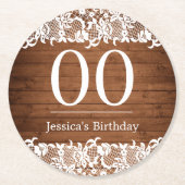 Rustiek hout & wit kant verjaardag ronde kartonnen onderzetter (Voorkant)