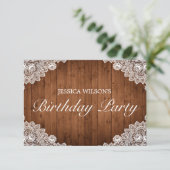 Rustiek hout & wit kant verjaardag RSVP kaartje (Staand voorkant)