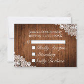 Rustiek hout & wit kant verjaardag RSVP kaartje (Achterkant)