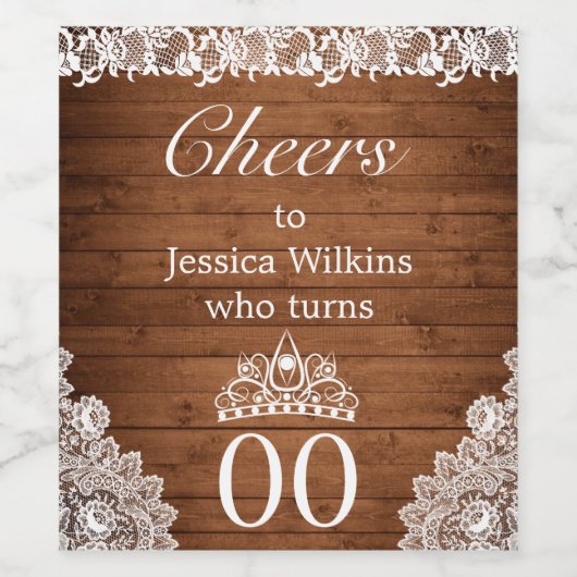 Rustiek Hout & Wit Kant Verjaardag Tiara Wijn Etiket (Enkel label)