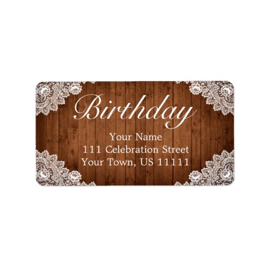 Rustiek Hout & Wit Kant Verjaardagsadres Etiket (Voorkant)