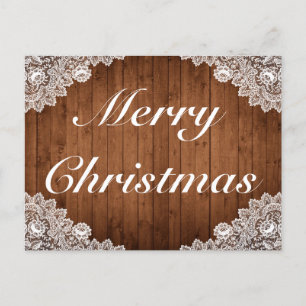 Rustiek Hout & Wit Kant Vrolijke Kerstgroet Aankondigingskaart