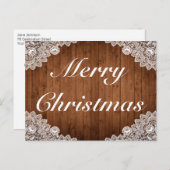 Rustiek Hout & Wit Kant Vrolijke Kerstgroet Aankondigingskaart (Voorkant / Achterkant)