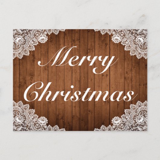Rustiek Hout & Wit Kant Vrolijke Kerstgroet Aankondigingskaart (Voorkant)
