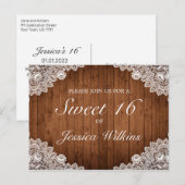 Rustiek hout & wit kant zoet 16 aankondigingskaart (Voorkant / Achterkant)
