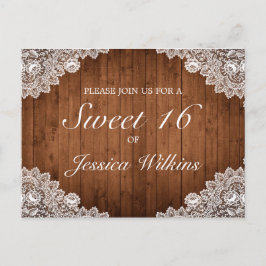 Rustiek hout & wit kant zoet 16 aankondigingskaart