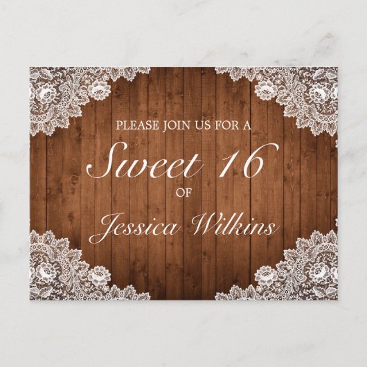 Rustiek hout & wit kant zoet 16 aankondigingskaart (Voorkant)