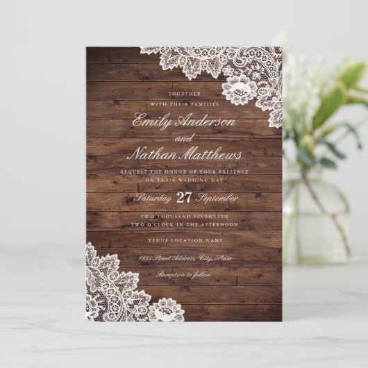 Rustiek Hout Wit  Lace Wedding Invitation Kaart (Staand voorkant)