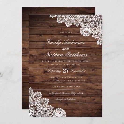 Rustiek Hout Wit  Lace Wedding Invitation Kaart (Voorkant / Achterkant)
