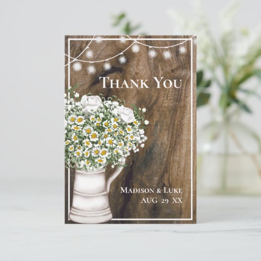 Rustiek Hout Wit Lijst Bloemen Lichten Bruiloft Bedankkaart (Staand voorkant)