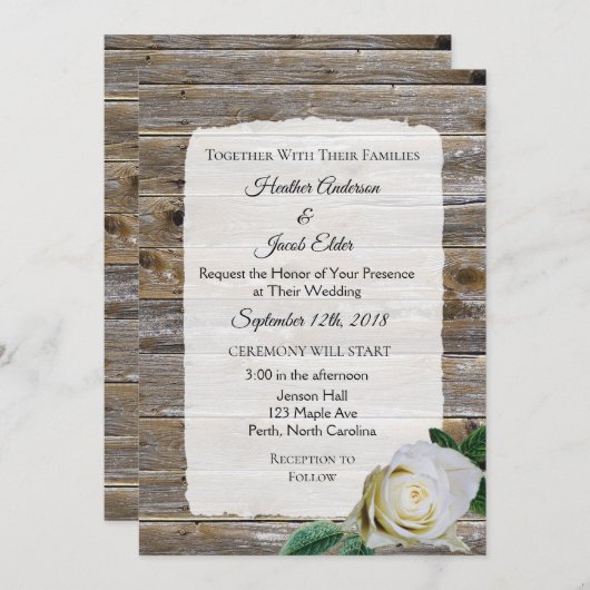 Rustiek hout wit rose elegante bruiloft uitnodigin kaart (Voorkant / Achterkant)