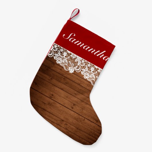 Rustiek Hout & Witte Kant Kerstmis Kleine Kerstsok (Voorkant (Hangend))