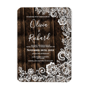 Rustiek Hout Witte Lace Bloemen Huwelijksuitnodigi Magneet