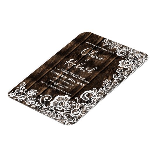 Rustiek Hout Witte Lace Bloemen Huwelijksuitnodigi Magneet (Linkerzijde)