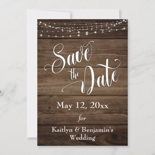 Rustiek Hout, Witte Lichten & Script, sparen de Da Save The Date (Voorkant)