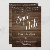 Rustiek Hout, Witte Lichten & Script, sparen de Da Save The Date (Voorkant / Achterkant)