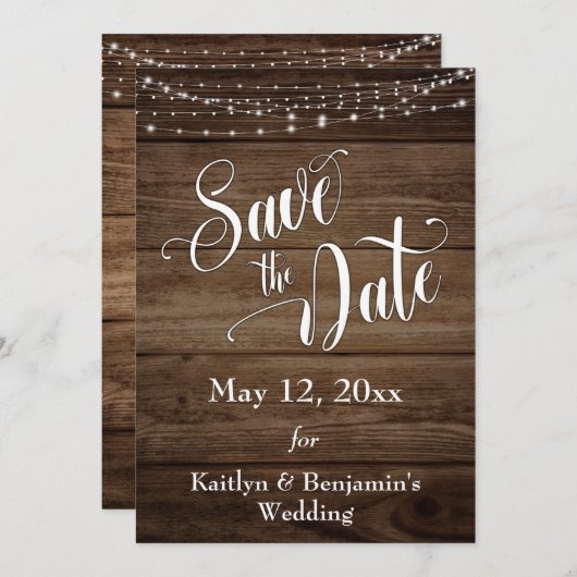 Rustiek Hout, Witte Lichten & Script, sparen de Da Save The Date (Voorkant / Achterkant)