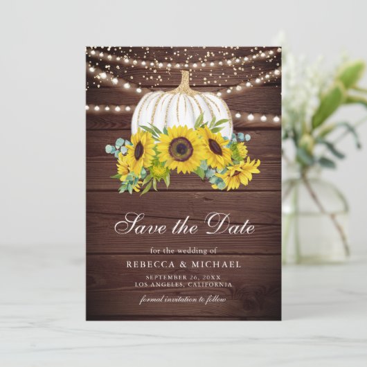 Rustiek Hout Witte Pompoen Zonnebloemen Trouwfoto Save The Date (Staand voorkant)