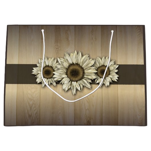 Rustiek hout witte zonnebloem cadeau zak large cadeautasje (Voorkant)