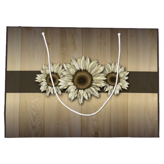 Rustiek hout witte zonnebloem cadeau zak large cadeautasje (Achterkant)
