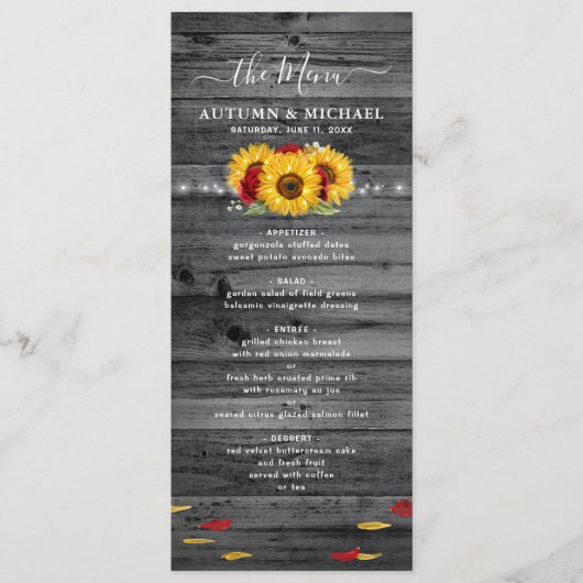 Rustiek hout Zonnebloem en Red Rose bruiloft Menu (Voorkant)