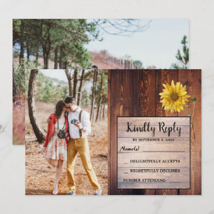 Rustiek hout zonnebloem foto land bruiloft RSVP Kaart